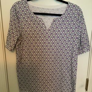 Talbots Blue and White Blouse with Short Sleeves and V-Neck